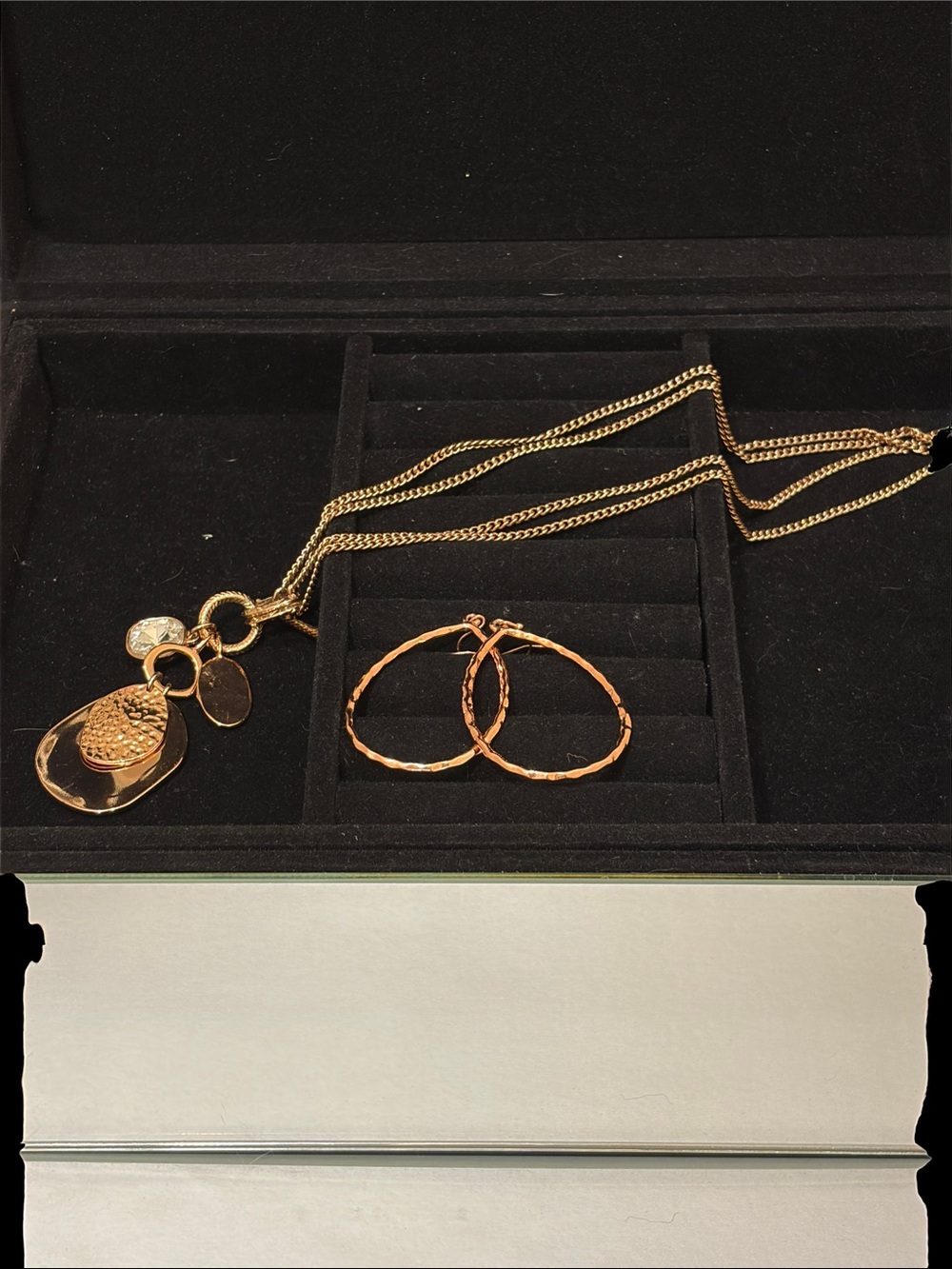 Bundle of Rose Gold Tone Multi-Charm Pendant Necklace and Teardrop Earrings